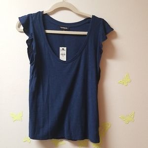 Express Dark Blue Cotton Modal Ruffle Sleeve Top XS New